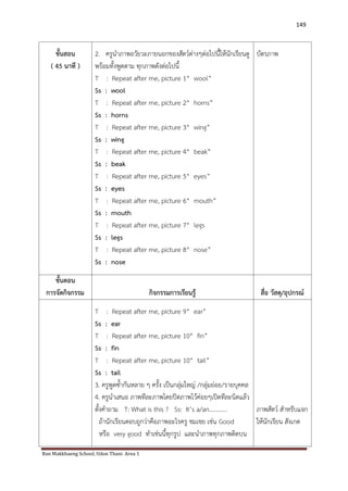 Ban Makkhaeng School, Udon Thani Area 1 
149 
ขั้นสอน ( 45 นาที ) 
2. ครูนาภาพอวัยวะภายนอกของสัตว์ต่างๆต่อไปนี้ให้นักเรียนดู พร้อมทั้งพูดตาม ทุกภาพดังต่อไปนี้ T : Repeat after me, picture 1“ wool” Ss : wool T : Repeat after me, picture 2“ horns” Ss : horns T : Repeat after me, picture 3“ wing” Ss : wing T : Repeat after me, picture 4“ beak” Ss : beak T : Repeat after me, picture 5“ eyes” Ss : eyes T : Repeat after me, picture 6“ mouth” Ss : mouth T : Repeat after me, picture 7“ legs Ss : legs T : Repeat after me, picture 8“ nose” Ss : nose 
บัตรภาพ 
ขั้นตอน การจัดกิจกรรม 
กิจกรรมการเรียนรู้ 
สื่อ วัสดุ/อุปกรณ์ 
T : Repeat after me, picture 9“ ear” Ss : ear T : Repeat after me, picture 10“ fin” Ss : fin T : Repeat after me, picture 10“ tail” Ss : tail 3. ครูพูดซ้ากันหลาย ๆ ครั้ง เป็นกลุ่มใหญ่ /กลุ่มย่อย/รายบุคคล 4. ครูนาเสนอ ภาพทีละภาพโดยปิดภาพไว้ค่อยๆเปิดทีละนิดแล้ว ตั้งคาถาม T: What is this ? Ss: It’s a/an………... ถ้านักเรียนตอบถูกว่าคือภาพอะไรครู ชมเชย เช่น Good หรือ very good ทาเช่นนี้ทุกรูป และนาภาพทุกภาพติดบน 
ภาพสัตว์ สาหรับแจก ให้นักเรียน สังเกต  