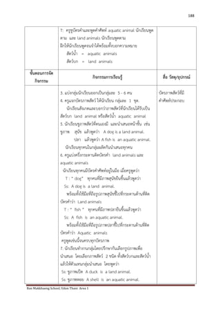 Ban Makkhaeng School, Udon Thani Area 1 
188 
T: ครูชูบัตรคาและพูดคาศัพท์ aquatic animal นักเรียนพูด ตาม และ land animals นักเรียนพูดตาม ฝึกให้นักเรียนพูดจนจาได้พร้อมทั้งบอกความหมาย สัตว์น้า = aquatic animals สัตว์บก = land animals 
ขั้นตอนการจัด กิจกรรม 
กิจกรรมการเรียนรู้ 
สื่อ วัสดุ/อุปกรณ์ 
3. แบ่งกลุ่มนักเรียนออกเป็นกลุ่มละ 5 - 6 คน 4. ครูแจกบัตรภาพสัตว์ ให้นักเรียน กลุ่มละ 1 ชุด. นักเรียนสังเกตและบอกว่าภาพสัตว์ที่นักเรียนได้รับเป็น สัตว์บก land animal หรือสัตว์น้า aquatic animal 5. นักเรียนชูภาพสัตว์ที่ตนเองมี และนาเสนอหน้าชั้น เช่น ชูภาพ สุนัข แล้วพูดว่า A dog is a land animal. ปลา แล้วพูดว่า A fish is an aquatic animal. นักเรียนทุกคนในกลุ่มผลัดกันนาเสนอทุกคน 6. ครูแบ่งครึ่งกระดานติดบัตรคา land animals และ aquatic animals นักเรียนทุกคนมีบัตรคาศัพท์อยู่ในมือ เมื่อครูพูดว่า T : “ dog” ทุกคนที่มีภาพสุนัขยืนขึ้นแล้วพูดว่า Ss: A dog is a land animal. พร้อมทั้งใช้มือที่ถือรูปภาพสุนัขชี้ไปที่กระดานด้านที่ติด บัตรคาว่า Land animals T : “ fish ” ทุกคนที่มีภาพปลายืนขึ้นแล้วพูดว่า Ss: A fish is an aquatic animal. พร้อมทั้งใช้มือที่ถือรูปภาพปลาชี้ไปที่กระดานด้านที่ติด บัตรคาว่า Aquatic animals ครูพูดเช่นนี้จนครบทุกบัตรภาพ 7. นักเรียนทางานกลุ่มโดยปรึกษากันเลือกรูปภาพเพื่อ นาเสนอ โดยเลือกภาพสัตว์ 2 ชนิด ทั้งสัตว์บกและสัตว์น้า แล้วให้ตัวแทนกลุ่มนาเสนอ โดยพูดว่า Ss: ชูภาพเป็ด A duck is a land animal. Ss: ชูภาพหอย A shell is an aquatic animal. 
บัตรภาพสัตว์ที่มี คาศัพท์ประกอบ  