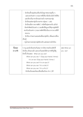 Ban Makkhaeng School, Udon Thani Area 1 
151 
- นักเรียนทั้งกลุ่มเดินเปลี่ยนกันไปดูภาพของกลุ่มอื่น ๆ และบอกส่วนต่าง ๆ ของภาพที่เห็นว่ามีอวัยวะใดบ้างที่เห็น และเรียกเป็นภาษาอังกฤษว่าอะไร จนครบทุกกลุ่ม - นักเรียนแต่ละกลุ่มรับกระดาษ กลุ่มละ 1 แผ่น - นักเรียนเลือกวาดภาพสัตว์ 1 ชนิดที่กลุ่มตกลงกัน แล้วนา บัตรคาศัพท์อวัยวะต่าง ๆ ของสัตว์ที่ครูแจกให้ทุกกลุ่มติดให้ ตรงกับอวัยวะต่าง ๆ ของภาพสัตว์ที่นักเรียนวาด ระบายสิให้ สวยงาม - นักเรียน นาผลงานเสนอต่อเพื่อนกลุ่มอื่นๆ เพื่อแลกเปลี่ยน เรียนรู้ - ครูนาผลงานของทุกกลุ่มติดบอร์ด แสดงผลงานนักเรียน 
ขั้นสรุป (5 นาที) 
9. ครู และนักเรียนช่วยกันสรุป จากบัตรภาพอวัยวะสัตว์ที่ นักเรียน เรียนมาแล้ว และบอกในเพลงได้ตามภาพที่ครูให้ดู อีกครั้ง ด้วยเพลง What can you see? What can you see ? (Clap your hands 3 times) It is an ear. (Clap your hands 3 times ) What can you see? It is an eye./// What can you see ? It is a tail./// What can you see ? It is a fin./// นักเรียนร้องเพลงโดยเปลี่ยนชื่ออวัยวะ ต่าง ๆ ได้ 
เพลง What can you see? 
 