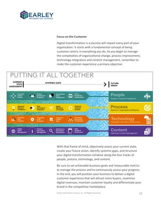 Earley Information Science, Inc. All Rights Reserved. 10
Focus on the Customer
Digital transformation is a journey will impact every part of your
organization. It starts with a fundamental concept of being
customer centric in everything you do. As you begin to manage
the complexities of organizational change, process improvement,
technology integration and content management, remember to
make the customer experience a primary objective.
With that frame of mind, objectively assess your current state,
create your future vision, identify systemic gaps, and structure
your digital transformation initiative along the four tracks of
people, process, technology, and content.
Be sure to set achievable business goals and measurable metrics
to manage the process and to continuously assess your progress.
In the end, you will position your business to deliver a digital
customer experience that will attract more buyers, maximize
digital revenues, maintain customer loyalty and differentiate your
brand in the competitive marketplace.
 