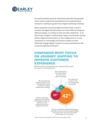 Earley Information Science, Inc. All Rights Reserved. 2
be used to identify areas for investment that offer the greatest
return and to support the development of a comprehensive
enterprise roadmap to guide future digital marketing initiatives.
Most companies know that digital transformation is vital to
survival, but digital transformation can mean different things to
different people, so it helps to start out with a definition. In its
2014 State of Digital Transformation report, the Altimeter Group
defines digital transformation as “the realignment of, or new
investment in, technology and business models to more
effectively engage digital customers at every touchpoint in the
customer experience lifecycle.”
 