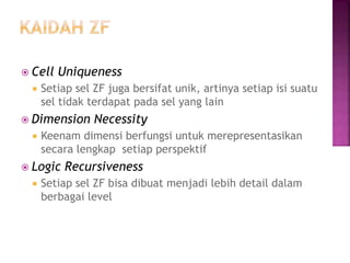  Cell Uniqueness
 Setiap sel ZF juga bersifat unik, artinya setiap isi suatu
sel tidak terdapat pada sel yang lain
 Dimension Necessity
 Keenam dimensi berfungsi untuk merepresentasikan
secara lengkap setiap perspektif
 Logic Recursiveness
 Setiap sel ZF bisa dibuat menjadi lebih detail dalam
berbagai level
 