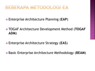  Enterprise Architecture Planning (EAP)
 TOGAF Architecture Development Method (TOGAF
ADM)
 Enterprise Architecture Strategy (EAS)
 Basic Enterprise Architecture Methodology (BEAM)
 