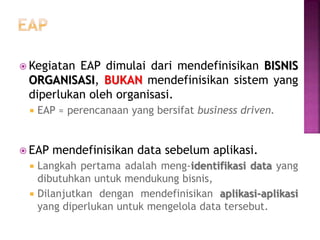  Kegiatan EAP dimulai dari mendefinisikan BISNIS
ORGANISASI, BUKAN mendefinisikan sistem yang
diperlukan oleh organisasi.
 EAP ≈ perencanaan yang bersifat business driven.
 EAP mendefinisikan data sebelum aplikasi.
 Langkah pertama adalah meng-identifikasi data yang
dibutuhkan untuk mendukung bisnis,
 Dilanjutkan dengan mendefinisikan aplikasi-aplikasi
yang diperlukan untuk mengelola data tersebut.
 
