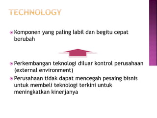  Komponen yang paling labil dan begitu cepat
berubah
 Perkembangan teknologi diluar kontrol perusahaan
(external environment)
 Perusahaan tidak dapat mencegah pesaing bisnis
untuk membeli teknologi terkini untuk
meningkatkan kinerjanya
 