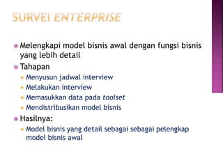  Melengkapi model bisnis awal dengan fungsi bisnis
yang lebih detail
 Tahapan
 Menyusun jadwal interview
 Melakukan interview
 Memasukkan data pada toolset
 Mendistribusikan model bisnis
 Hasilnya:
 Model bisnis yang detail sebagai sebagai pelengkap
model bisnis awal
 