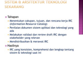  Tahapan
 Menentukan cakupan, tujuan, dan rencana kerja IRC
(Information Resource Catalog)
 Penilaian dokumen sistem aplikasi dan teknologi yang
ada
 Melakukan validasi dan review draft IRC dengan
stakeholder yang relevan
 Mendistribusikan & merawat IRC
 Hasilnya
 IRC yang konsisten, komprehensi dan lengkap tentang
sistem & teknologi saat ini
 