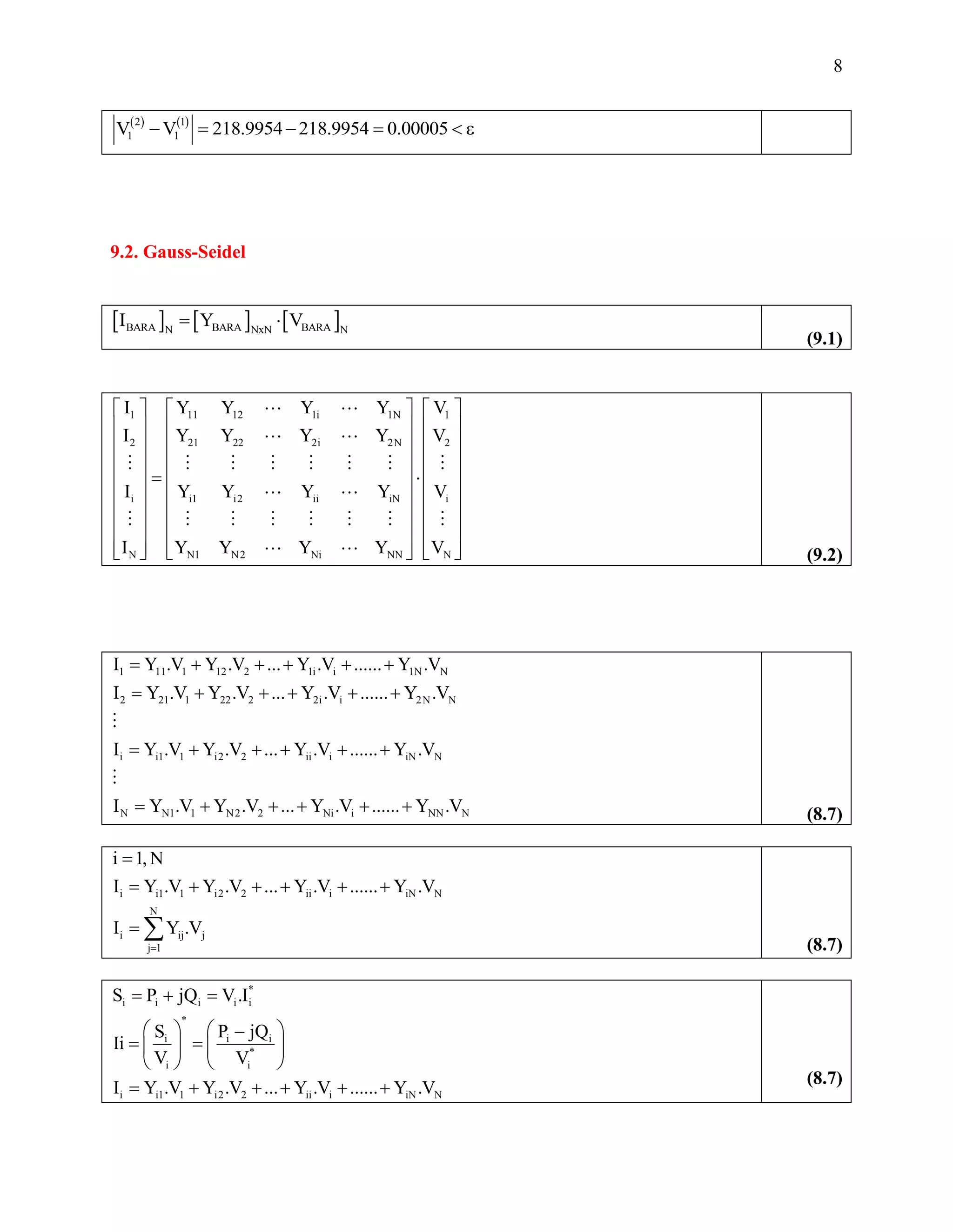 8
   2 1
1 1V V 218.9954 218.9954 0.00005     
9.2. Gauss-Seidel
     BARA BARA BARAN NxN N
I Y V 
(9.1)
1 11 12 1i 1N 1
2 21 22 2i 2N 2
i i1 i2 ii iN i
N N1 N2 Ni NN N
I Y Y Y Y V
I Y Y Y Y V
I Y Y Y Y V
I Y Y Y Y V
     
     
     
     
      
     
     
     
           (9.2)
1 11 1 12 2 1i i 1N N
2 21 1 22 2 2i i 2N N
i i1 1 i2 2 ii i iN N
N N1 1 N2 2 Ni i NN N
I Y .V Y .V ... Y .V ...... Y .V
I Y .V Y .V ... Y .V ...... Y .V
I Y .V Y .V ... Y .V ...... Y .V
I Y .V Y .V ... Y .V ...... Y .V
     
     
     
      (8.7)
i i1 1 i2 2 ii i iN N
N
i ij j
j 1
i 1, N
I Y .V Y .V ... Y .V ...... Y .V
I Y .V


     
  (8.7)
*
i i i i i
*
i i i
*
i i
i i1 1 i2 2 ii i iN N
S P jQ V.I
S P jQ
Ii
V V
I Y .V Y .V ... Y .V ...... Y .V
  
   
    
   
     
(8.7)
 