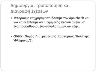Δημιουργία, Τροποποίηση και
Διαγραφή Σχέσεων
 Μπορούμε να χρησιμοποιήσουμε τον όρο check και
για να ελέγξουμε αν η τιμή ενός πεδίου ανήκει σ’
ένα προκαθορισμένο σύνολο τιμών, ως εξής :
 check (Νομός in (‘Γρεβενών’, ‘Καστοριάς’, ‘Κοζάνης’,
‘Φλώρινας’))
 