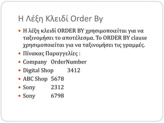 Η Λέξη Κλειδί Order By
 Η λέξη κλειδί ORDER BY χρησιμοποιείται για να
ταξινομήσει το αποτέλεσμα. Το ORDER BY clause
χρησιμοποιείται για να ταξινομήσει τις γραμμές.
 Πίνακας Παραγγελίες :
 Company OrderNumber
 Digital Shop 3412
 ABC Shop 5678
 Sony 2312
 Sony 6798
 