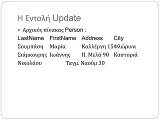 Η Εντολή Update
 Αρχικός πίνακας Person :
LastName FirstName Address City
Σουμπάση Μαρία Καλλέργη 15Φλώρινα
Σιάμκουρης Ιωάννης Π. Μελά 90 Καστοριά
Νικολάου Ταγμ. Ναούμ 30
 