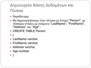 Δημιουργία Βάσης Δεδομένων και
Πίνακα
 Παράδειγμα
 Θα δημιουργήσουμε έναν πίνακα με όνομα "Person", με
τέσσερις στήλες με ονόματα "LastName", "FirstName",
"Address" και "Age" :
 CREATE TABLE Person
 (
 LastName varchar,
 FirstName varchar,
 Address varchar,
 Age number
 )
 