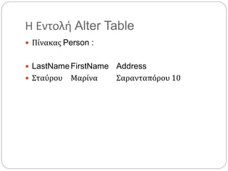 Η Εντολή Alter Table
 Πίνακας Person :
 LastNameFirstName Address
 Σταύρου Μαρίνα Σαρανταπόρου 10
 