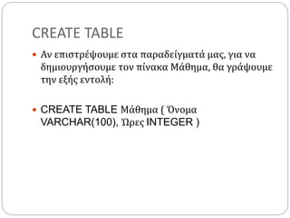 CREATE TABLE
 Αν επιστρέψουμε στα παραδείγματά μας, για να
δημιουργήσουμε τον πίνακα Μάθημα, θα γράψουμε
την εξής εντολή:
 CREATE TABLE Μάθημα ( Όνομα
VARCHAR(100), Ώρες INTEGER )
 