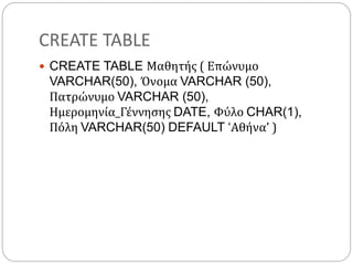 CREATE TABLE
 CREATE TABLE Μαθητής ( Επώνυμο
VARCHAR(50), Όνομα VARCHAR (50),
Πατρώνυμο VARCHAR (50),
Ημερομηνία_Γέννησης DATE, Φύλο CHAR(1),
Πόλη VARCHAR(50) DEFAULT ‘Αθήνα’ )
 