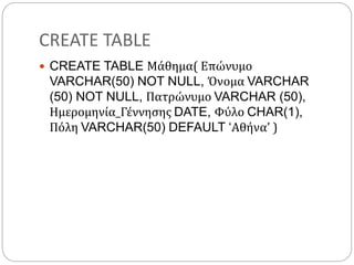 CREATE TABLE
 CREATE TABLE Μάθημα( Επώνυμο
VARCHAR(50) NOT NULL, Όνομα VARCHAR
(50) NOT NULL, Πατρώνυμο VARCHAR (50),
Ημερομηνία_Γέννησης DATE, Φύλο CHAR(1),
Πόλη VARCHAR(50) DEFAULT ‘Αθήνα’ )
 