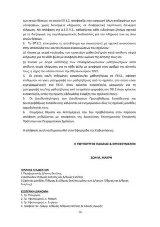 14
των κενών θέσεων, το οικείο ΕΠ.Ε.Σ. αποφασίζει την εισαγωγή όλων ανεξαιρέτως των
υποψηφίων, χωρίς διενέργεια κλήρωσης, σε διαφορετική περίπτωση διενεργεί
κλήρωση. Με απόφαση της Δ.Ε.Π.Π.Σ., καθορίζεται κάθε ειδικότερο ζήτημα σχετικό
με τη διεξαγωγή της συμπληρωματικής διαδικασίας για την πλήρωση των ως άνω
κενών θέσεων.
3. Το ΕΠ.Ε.Σ. επικυρώνει το αποτέλεσμα και γνωστοποιεί με σχετική ανακοίνωση
στην ιστοσελίδα του και τον πίνακα ανακοινώσεων του σχολείου:
α) πίνακα με σειρά κατάταξης των εισακτέων μαθητών/τριών κατά απόλυτη σειρά
κλήρωσης για το κάθε φύλο με αναφορά στον κωδικό της αίτησής τους και
β) πίνακα με σειρά κατάταξης των επιλαχόντων/ουσών μαθητών/τριών κατά
απόλυτη σειρά κλήρωσης για το κάθε φύλο με αναφορά στον αριθμό της αίτησής
τους, η ισχύς του οποίου παύει την 20η Ιανουαρίου 2021.
4. Οι γονείς και/ή κηδεμόνες εισακτέου/ας μαθητή/τριας σε ΠΕΙ.Σ., εφόσον
επιθυμούν να γίνει μετεγγραφή του μαθητή/τριας από το σχολείο, στο οποίο είναι
εγγεγραμμένος/η στο ΠΕΙ.Σ. όπου κρίνεται εισακτέος/α, μεριμνούν για τη
μετεγγραφή του/της μαθητή/τριας από το σχολείο εγγραφής στο ΠΕΙ.Σ όπου κρίνεται
εισακτέος/α, εντός της πρώτης εβδομάδας έναρξης του σχολικού έτους.
5. Οι Διευθυντές/ντριες των Διευθύνσεων Πρωτοβάθμιας Εκπαίδευσης και
Δευτεροβάθμιας Εκπαίδευσης καλούνται να ενημερώσουν όλες τις σχολικές μονάδες
αρμοδιότητάς τους.
6. Επιμέρους θέματα και λεπτομέρειες που δεν προβλέπονται στην παρούσα
απόφαση ρυθμίζονται με αποφάσεις της Διοικούσας Επιστημονικής Επιτροπής
Πρότυπων και Πειραματικών Σχολείων.
Η απόφαση αυτή να δημοσιευθεί στην Εφημερίδα της Κυβερνήσεως.
Η ΥΦΥΠΟΥΡΓΟΣ ΠΑΙΔΕΙΑΣ & ΘΡΗΣΚΕΥΜΑΤΩΝ
ΖΩΗ Μ. ΜΑΚΡΗ
ΠΙΝΑΚΑΣ ΑΠΟΔΕΚΤΩΝ
1.Περιφερειακές Δ/νσεις Εκπ/σης
2.Διεθύνσεις Π/θμιας Εκπ/σης και Δ/θμιας Εκπ/σης
3.Σχολικές μονάδες Π/θμιας & Δ/θμιας Εκπ/σης (μέσω των Δ/νσεων Π/θμιας και Δ/θμιας
Εκπ/σης)
ΕΣΩΤΕΡΙΚΗ ΔΙΑΝΟΜΗ:
1. Γρ. Υπουργού
2. Γρ. Υφυπουργού, κ. Μακρή
3. Γρ. Υφυπουργού, κ. Συρίγου
4. Γραφείο Γεν. Γραμμ. Α/θμιας, Β/θμιας Εκπ/σης & Ειδικής Αγωγής
ΑΔΑ: 6ΩΔΝ46ΜΤΛΗ-ΘΛΟ
 