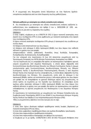 5
7. Η συμμετοχή στη δοκιμασία (τεστ) δεξιοτήτων σε ένα Πρότυπο Σχολείο
επιτρέπεται ανεξάρτητα από τον τόπο διαμονής του/της μαθητή/τριας.
Εξέταση μαθητών με αναπηρία και ειδικές εκπαιδευτικές ανάγκες
8. Ως υποψήφιοι/ες με αναπηρία και ειδικές εκπαιδευτικές ανάγκες ορίζονται οι
μαθητές/τριες που αναφέρονται στο άρθρο 3 του ν. 3699/2008 (Α΄ 199) και
υπάγονται σε μία από τις παρακάτω δυο ομάδες:
ΟΜΑΔΑ Α
i) είναι τυφλοί, σύμφωνα με το ν.958/79 (Α 191) ή έχουν ποσοστό αναπηρίας στην
όρασή τους τουλάχιστον 67% ή είναι αμβλύωπες με ποσοστό αναπηρίας στην όρασή
τους τουλάχιστον 67%,
ii) έχουν κινητική αναπηρία τουλάχιστον 67% μόνιμη ή προσωρινή που συνδέεται με
τα άνω άκρα,
iii) πάσχουν από σπαστικότητα των άνω άκρων,
iv) πάσχουν από κάταγμα ή άλλη προσωρινή βλάβη των άνω άκρων που καθιστά
αδύνατη τη χρήση τους για γραφή,
v)παρουσιάζουν ειδικές μαθησιακές δυσκολίες όπως δυσλεξία, δυσγραφία,
δυσαριθμησία, δυσαναγνωσία, δυσορθογραφία
Για την υπαγωγή στις περιπτώσεις (i) έως (iii) απαιτείται γνωμάτευση από τις
Υγειονομικές Επιτροπές του ΚΕΠΑ (Κέντρο Πιστοποίησης Αναπηρίας) του ΕΦΚΑ.
Για την περίπτωση (iν), οι υποψήφιοι θα πρέπει να προσκομίσουν πρόσφατη σχετική
ιατρική γνωμάτευση από Δημόσιο Νοσοκομείο, η οποία φέρει σφραγίδα από
Συντονιστή/στρια Διευθυντή/ντρια Κλινικής του Εθνικού Συστήματος Υγείας ή νόμιμα
εκτελούντα/σα χρέη Συντονιστή/στριας Διευθυντή/ντριας Κλινικής του Εθνικού
Συστήματος Υγείας ή Διευθυντή/ντρια Πανεπιστημιακής Κλινικής ή από Δημόσιο
Κέντρο Υγείας στην περιοχή του/της υποψηφίου/ας, η οποία φέρει σφραγίδα του/της
Διευθυντή/ντριας του Κέντρου. Στη γνωμάτευση, εκτός από το κάταγμα ή την
προσωρινή βλάβη, πρέπει να πιστοποιείται ρητώς η αδυναμία χρήσης του άνω άκρου
για γραφή και να αναγράφεται το χρονικό διάστημα ισχύος της γνωμάτευσης, το
οποίο πρέπει να συμπίπτει με την περίοδο των εξετάσεων. Οι υποψήφιοι αυτοί
αμέσως μόλις προκύψει κάταγμα ή άλλη προσωρινή βλάβη των άνω άκρων που
καθιστά αδύνατη τη χρήση τους για γραφή, θα πρέπει να προσκομίσουν στο σχολείο
ενδιαφέροντος τη σχετική γνωμάτευση του Νοσοκομείου ή του Δημοσίου Κέντρου
Υγείας.
Οι περιπτώσεις (v) πιστοποιούνται με γνωμάτευση των Κέντρων Εκπαιδευτικής και
Συμβουλευτικής Υποστήριξης (ΚΕΣΥ) ή των ΚΕΔΔΥ ή των Κοινοτικών Κέντρων Ψυχικής
Υγείας Παιδιών και Εφήβων ή των Ιατροπαιδαγωγικών Κέντρων (ΙΠΔ).
Όλες οι γνωματεύσεις οφείλουν να είναι έγκυρες και σε ισχύ.
ΟΜΑΔΑ Β:
i) είναι όσοι έχουν ιδιαίτερα σοβαρά προβλήματα ακοής (κωφοί, βαρήκοοι) με
ποσοστό αναπηρίας 67% και πάνω,
ii) είναι όσοι εμφανίζουν προβλήματα λόγου και ομιλίας (δυσαρθρία, τραυλισμός),
iii) είναι όσοι παρουσιάζουν προβλήματα επιληψίας,
iv) είναι όσοι παρουσιάζουν διαταραχές στο φάσμα του αυτισμού,
v) Σύμφωνα με τη με αριθμ. 11586/Γ6/28-1-2011 (Β 262) Υπουργική Απόφαση στην
ΑΔΑ: 6ΩΔΝ46ΜΤΛΗ-ΘΛΟ
 