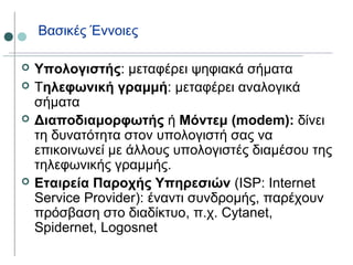 Βασικές Έννοιες
 Υπολογιστής: μεταφέρει ψηφιακά σήματα
 Τηλεφωνική γραμμή: μεταφέρει αναλογικά
σήματα
 Διαποδιαμορφωτής ή Μόντεμ (modem): δίνει
τη δυνατότητα στον υπολογιστή σας να
επικοινωνεί με άλλους υπολογιστές διαμέσου της
τηλεφωνικής γραμμής.
 Εταιρεία Παροχής Υπηρεσιών (ISP: Internet
Service Provider): έναντι συνδρομής, παρέχουν
πρόσβαση στο διαδίκτυο, π.χ. Cytanet,
Spidernet, Logosnet
 