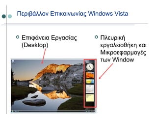 Περιβάλλον Επικοινωνίας Windows Vista
 Επιφάνεια Εργασίας
(Desktop)
 Πλευρική
εργαλειοθήκη και
Μικροεφαρμογές
των Window
 