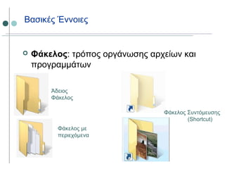 Βασικές Έννοιες
 Φάκελος: τρόπος οργάνωσης αρχείων και
προγραμμάτων
Άδειος
Φάκελος
Φάκελος με
περιεχόμενα
Φάκελος Συντόμευσης
(Shortcut)
 