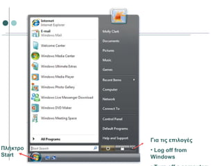 Πλήκτρο
Start
Για τις επιλογές
• Log off from
Windows
 