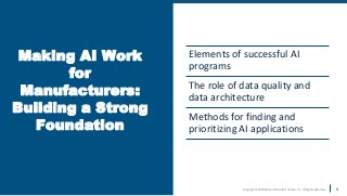 Copyright © 2020 Earley Information Science, Inc. All Rights Reserved.
www.earley.com
Making AI Work
for
Manufacturers:
Building a Strong
Foundation
Elements of successful AI
programs
The role of data quality and
data architecture
Methods for finding and
prioritizing AI applications
4
 