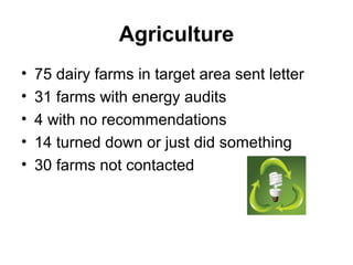 Agriculture
• 75 dairy farms in target area sent letter
• 31 farms with energy audits
• 4 with no recommendations
• 14 turned down or just did something
• 30 farms not contacted
 