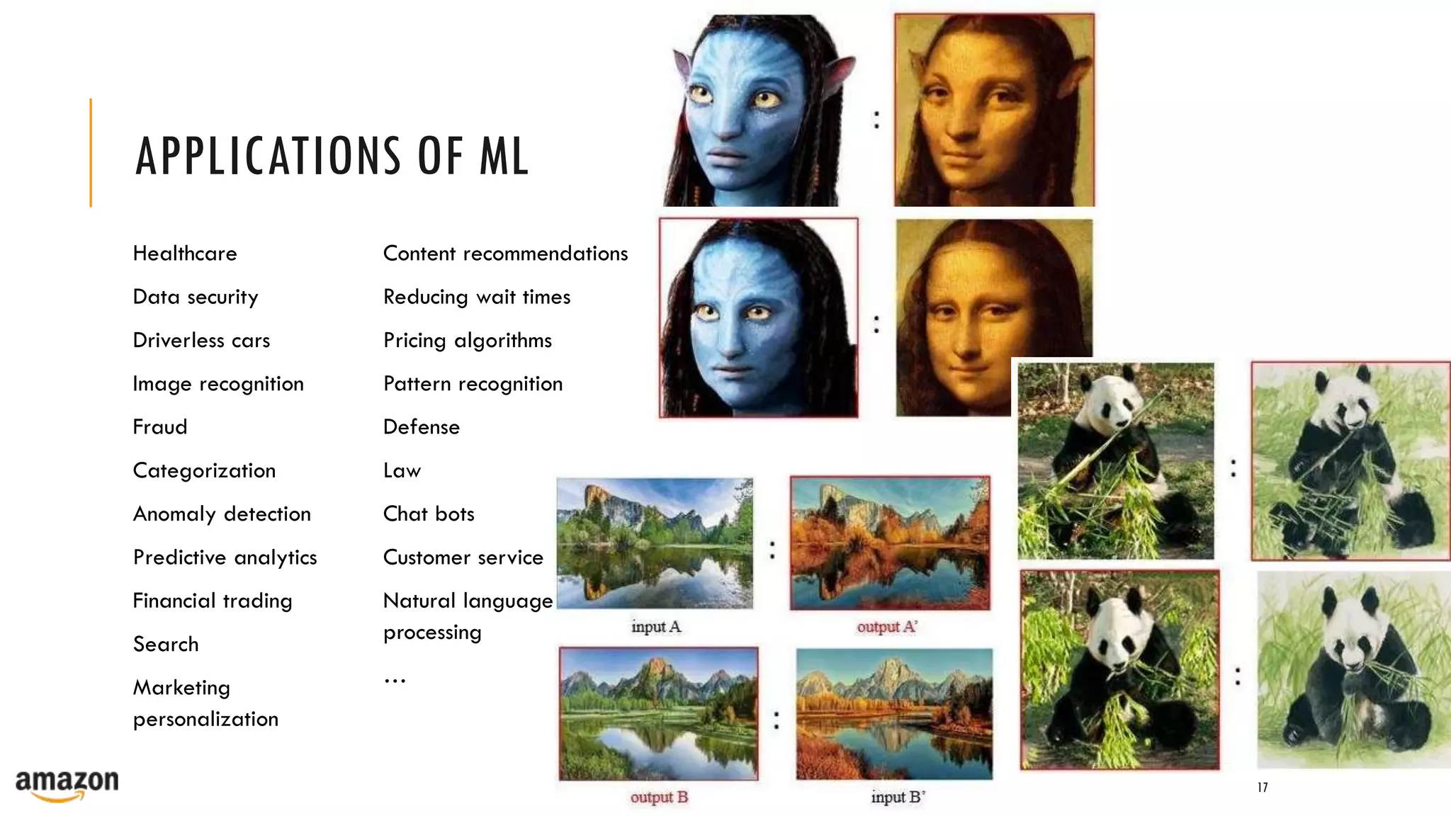 APPLICATIONS OF ML
Healthcare
Data security
Driverless cars
Image recognition
Fraud
Categorization
Anomaly detection
Predictive analytics
Financial trading
Search
Marketing
personalization
Content recommendations
Reducing wait times
Pricing algorithms
Pattern recognition
Defense
Law
Chat bots
Customer service
Natural language
processing
…
17
 