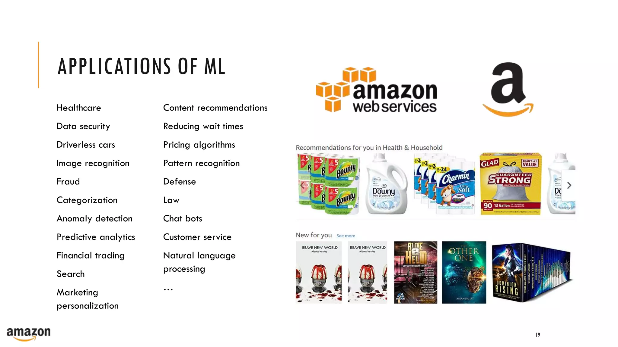 APPLICATIONS OF ML
Healthcare
Data security
Driverless cars
Image recognition
Fraud
Categorization
Anomaly detection
Predictive analytics
Financial trading
Search
Marketing
personalization
Content recommendations
Reducing wait times
Pricing algorithms
Pattern recognition
Defense
Law
Chat bots
Customer service
Natural language
processing
…
19
 