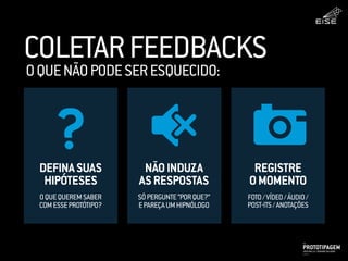 COLETARFEEDBACKS
DEFINASUAS
HIPÓTESES
NÃOINDUZA
ASRESPOSTAS
REGISTRE
OMOMENTO
OQUEQUEREMSABER
COMESSEPROTÓTIPO?
SÓPERGUNTE“PORQUE?”
EPAREÇAUMHIPNÓLOGO
FOTO/VÍDEO/ÁUDIO/
POST-ITS/ANOTAÇÕES
OQUENÃOPODESERESQUECIDO:
PROTOTIPAGEMJOSÉ MELLO / ADRIANO VALADÃO
EISE
SETEMBRO 2015
 