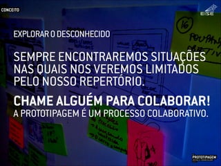 SEMPRE ENCONTRAREMOS SITUAÇÕES
NAS QUAIS NOS VEREMOS LIMITADOS
PELO NOSSO REPERTÓRIO.
A PROTOTIPAGEM É UM PROCESSO COLABORATIVO.
CHAME ALGUÉM PARA COLABORAR!
CONCEITO
PROTOTIPAGEMJOSÉ MELLO / ADRIANO VALADÃO
EISE
SETEMBRO 2015
EXPLORARODESCONHECIDO
 