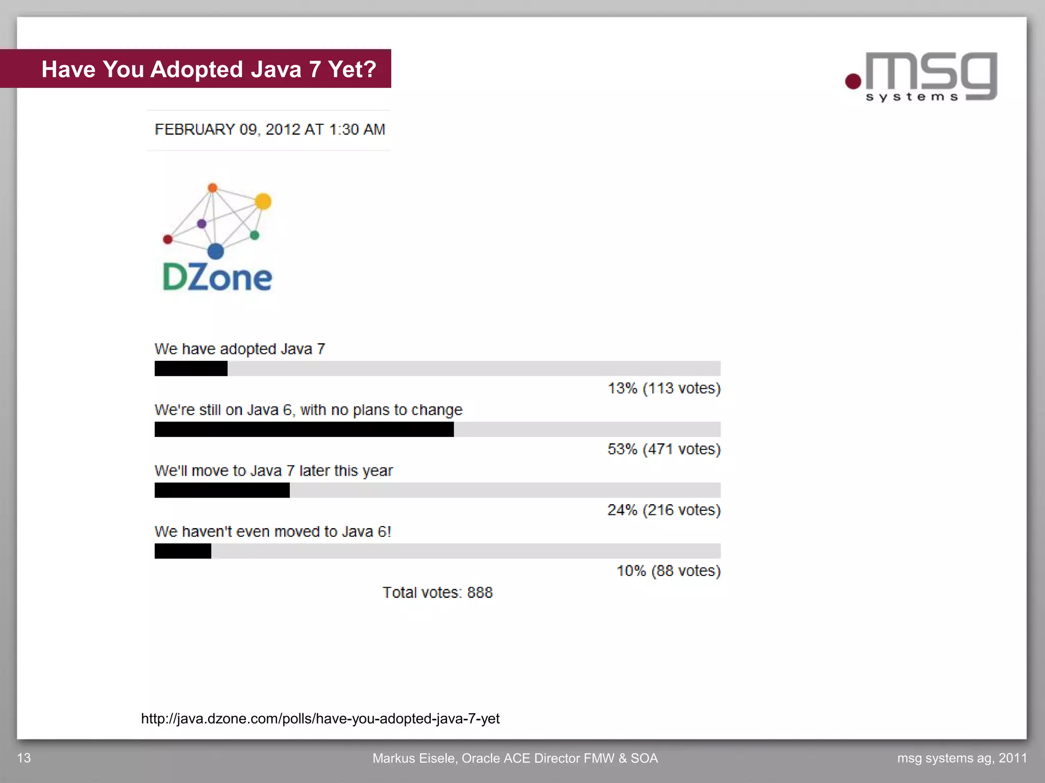 Have You Adopted Java 7 Yet?




             http://java.dzone.com/polls/have-you-adopted-java-7-yet

13                                              Markus Eisele, Oracle ACE Director FMW & SOA   msg systems ag, 2011
 