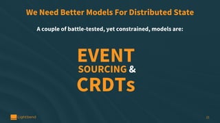 We Need Better Models For Distributed State
A couple of battle-tested, yet constrained, models are:
21
EVENT
SOURCING &
CR...