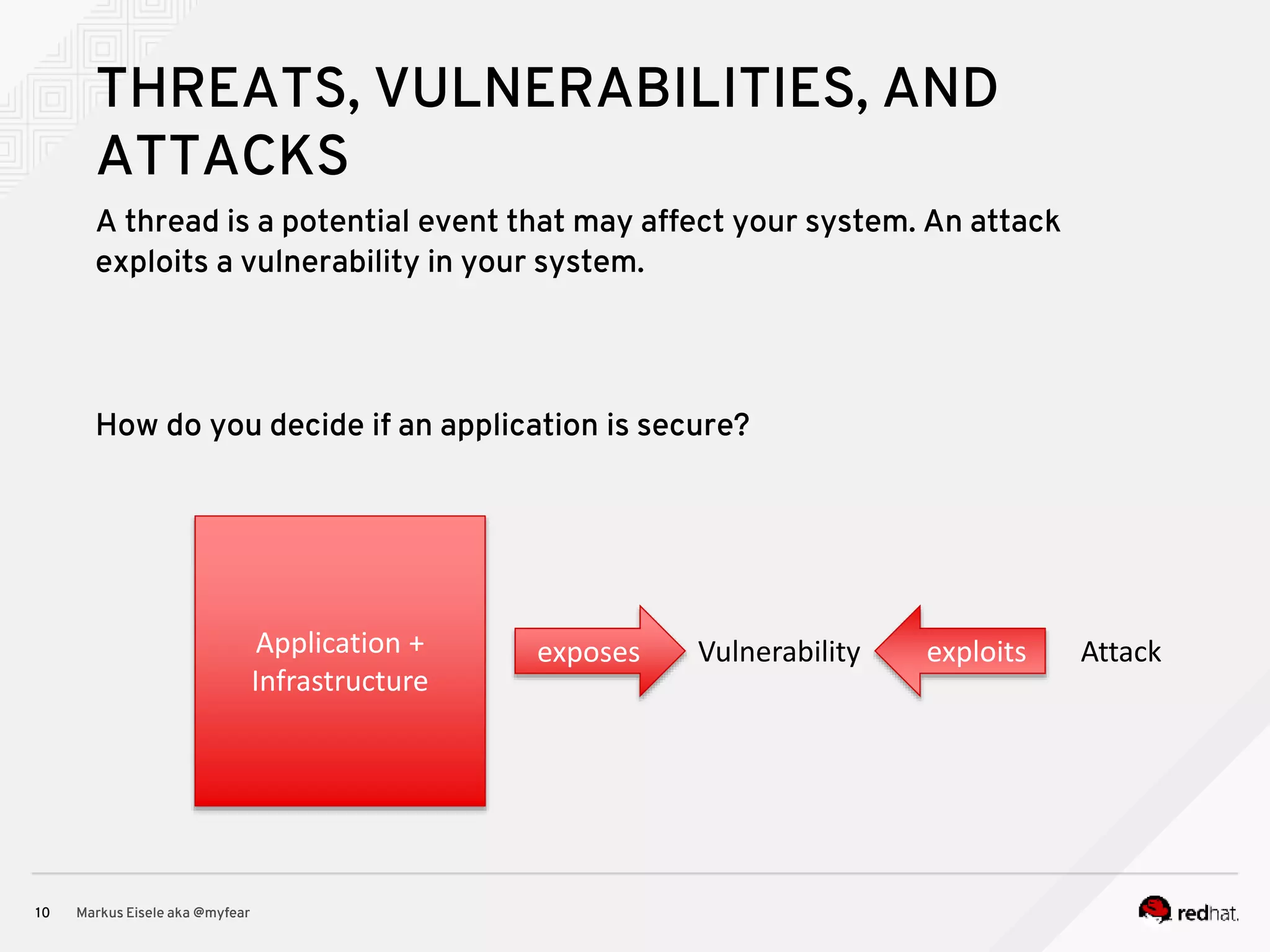 A thread is a potential event that may affect your system. An attack exploits a vulnerability in your system. Markus Eisele aka @myfear10 THREATS, VULNERABILITIES, AND ATTACKS How do you decide if an application is secure? Application + Infrastructure exposes Vulnerability exploits Attack 