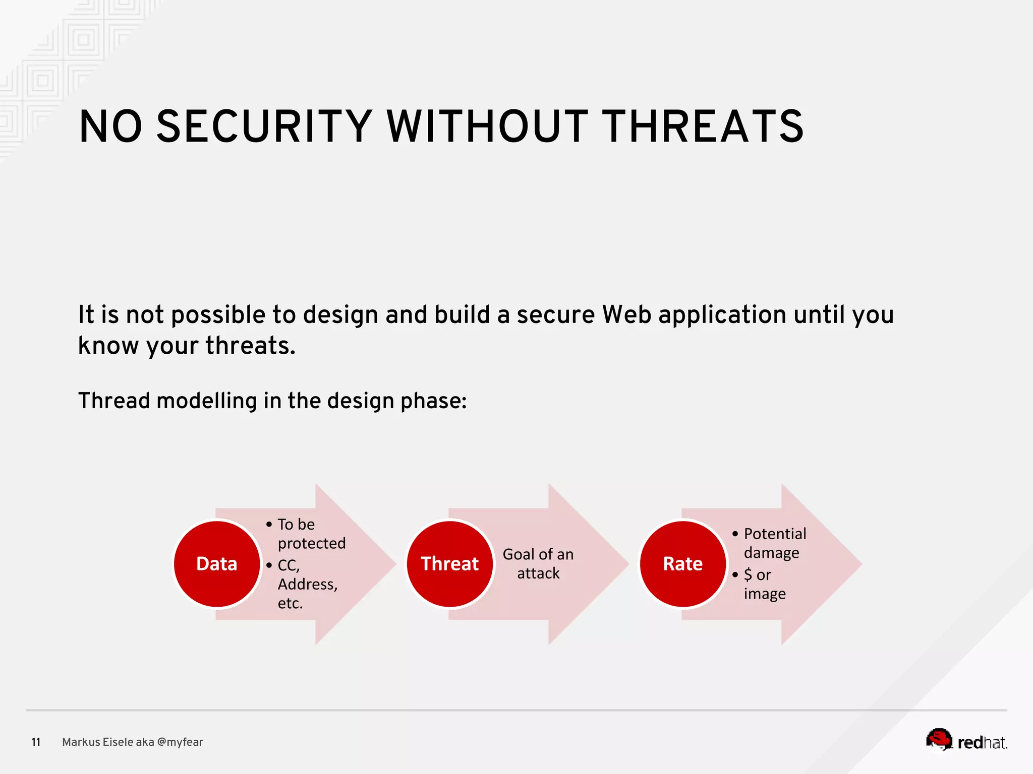 Markus Eisele aka @myfear11 NO SECURITY WITHOUT THREATS It is not possible to design and build a secure Web application until you know your threats. Thread modelling in the design phase: • To be protected • CC, Address, etc. Data Goal of an attackThreat • Potential damage • $ or image Rate 