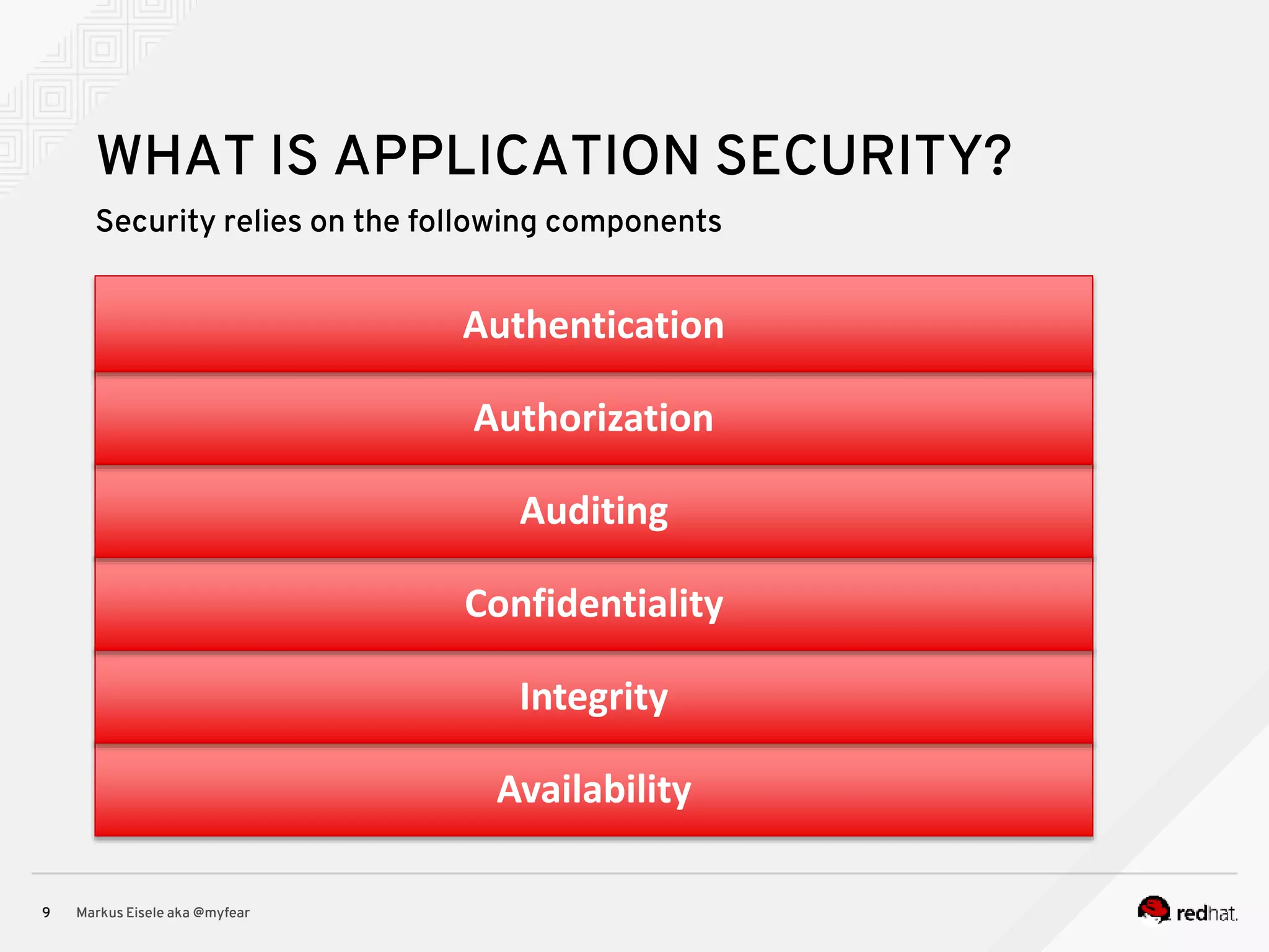 Security relies on the following components WHAT IS APPLICATION SECURITY? Availability Integrity Confidentiality Auditing Authorization Authentication Markus Eisele aka @myfear9 
