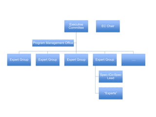 Executive
Committee
Expert Group Expert Group Expert Group Expert Group
Spec-/Co-Spec
Lead
“Experts”
….
Program Management Office
EC Chair
 