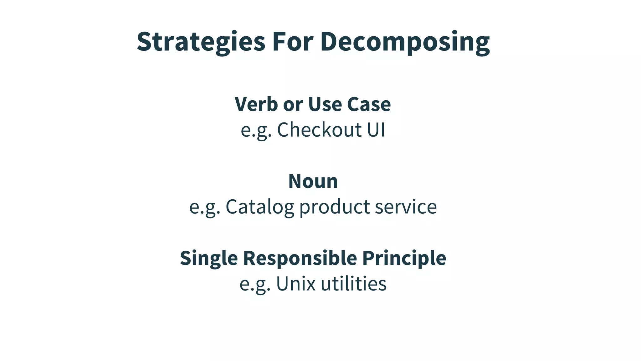 Strategies For Decomposing
Verb or Use Case
e.g. Checkout UI
Noun
e.g. Catalog product service
Single Responsible Principle
e.g. Unix utilities
 