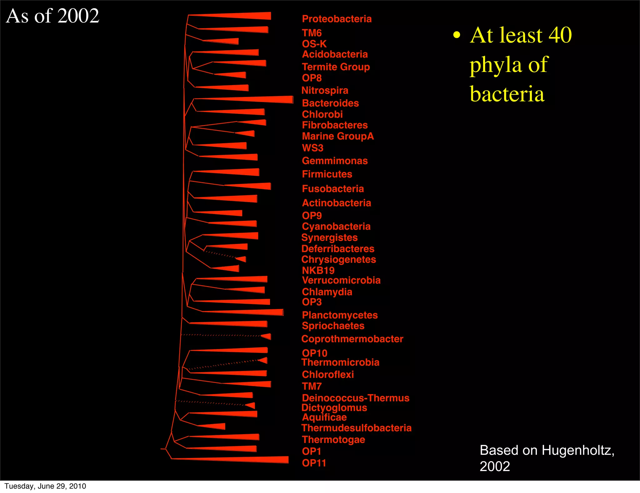 As of 2002               Proteobacteria
                         TM6
                         OS-K                    • At least 40
                         Acidobacteria
                         Termite Group
                         OP8
                                                   phyla of
                         Nitrospira
                         Bacteroides
                                                   bacteria
                         Chlorobi
                         Fibrobacteres
                         Marine GroupA
                         WS3
                         Gemmimonas
                         Firmicutes
                         Fusobacteria
                         Actinobacteria
                         OP9
                         Cyanobacteria
                         Synergistes
                         Deferribacteres
                         Chrysiogenetes
                         NKB19
                         Verrucomicrobia
                         Chlamydia
                         OP3
                         Planctomycetes
                         Spriochaetes
                         Coprothmermobacter
                         OP10
                         Thermomicrobia
                         Chloroﬂexi
                         TM7
                         Deinococcus-Thermus
                         Dictyoglomus
                         Aquiﬁcae
                         Thermudesulfobacteria
                         Thermotogae
                         OP1                       Based on Hugenholtz,
                         OP11                      2002
Tuesday, June 29, 2010
 