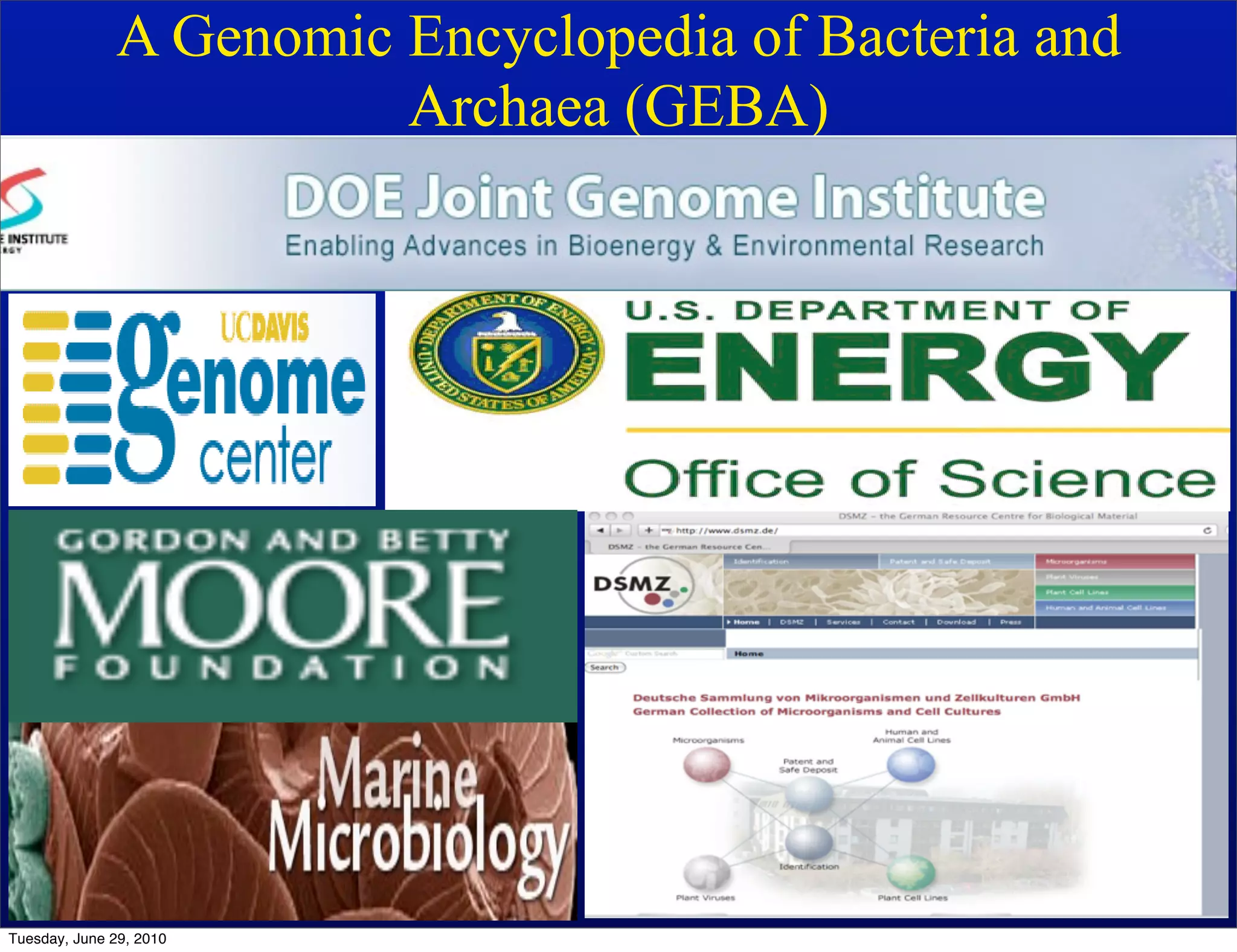 A Genomic Encyclopedia of Bacteria and
                        Archaea (GEBA)




Tuesday, June 29, 2010
 