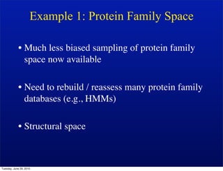 Example 1: Protein Family Space

            • Much less biased sampling of protein family
              space now available

            • Need to rebuild / reassess many protein family
              databases (e.g., HMMs)

            • Structural space



Tuesday, June 29, 2010
 