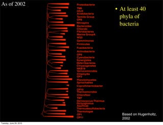 As of 2002               Proteobacteria
                         TM6
                         OS-K                    • At least 40
                         Acidobacteria
                         Termite Group
                         OP8
                                                   phyla of
                         Nitrospira
                         Bacteroides
                                                   bacteria
                         Chlorobi
                         Fibrobacteres
                         Marine GroupA
                         WS3
                         Gemmimonas
                         Firmicutes
                         Fusobacteria
                         Actinobacteria
                         OP9
                         Cyanobacteria
                         Synergistes
                         Deferribacteres
                         Chrysiogenetes
                         NKB19
                         Verrucomicrobia
                         Chlamydia
                         OP3
                         Planctomycetes
                         Spriochaetes
                         Coprothmermobacter
                         OP10
                         Thermomicrobia
                         Chloroﬂexi
                         TM7
                         Deinococcus-Thermus
                         Dictyoglomus
                         Aquiﬁcae
                         Thermudesulfobacteria
                         Thermotogae
                         OP1                       Based on Hugenholtz,
                         OP11                      2002
Tuesday, June 29, 2010
 
