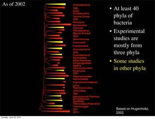 As of 2002              Proteobacteria
                         TM6
                         OS-K
                                                 • At least 40
                         Acidobacteria
                         Termite Group
                         OP8
                                                   phyla of
                         Nitrospira
                         Bacteroides
                                                   bacteria
                         Chlorobi
                         Fibrobacteres
                         Marine GroupA
                                                 • Experimental
                         WS3
                         Gemmimonas                studies are
                         Firmicutes
                         Fusobacteria              mostly from
                         Actinobacteria
                         OP9
                         Cyanobacteria
                                                   three phyla
                         Synergistes
                         Deferribacteres
                         Chrysiogenetes          • Some studies
                         NKB19
                         Verrucomicrobia
                         Chlamydia
                                                   in other phyla
                         OP3
                         Planctomycetes
                         Spriochaetes
                         Coprothmermobacter
                         OP10
                         Thermomicrobia
                         Chloroﬂexi
                         TM7
                         Deinococcus-Thermus
                         Dictyoglomus
                         Aquiﬁcae
                         Thermudesulfobacteria
                         Thermotogae
                         OP1                       Based on Hugenholtz,
                         OP11                      2002
Tuesday, June 29, 2010
 