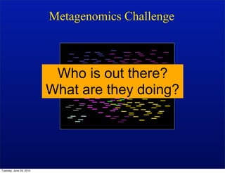 Metagenomics Challenge



                          Who is out there?
                         What are they doing?




Tuesday, June 29, 2010
 