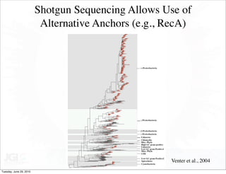 Shotgun Sequencing Allows Use of
                          Alternative Anchors (e.g., RecA)




                                                     Venter et al., 2004
Tuesday, June 29, 2010
 