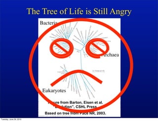 The Tree of Life is Still Angry
                            Bacteria




                                                              Archaea




                             Eukaryotes

                               FIgure from Barton, Eisen et al.
                                  “Evolution”, CSHL Press.
                              Based on tree from Pace NR, 2003.
Tuesday, June 29, 2010
 