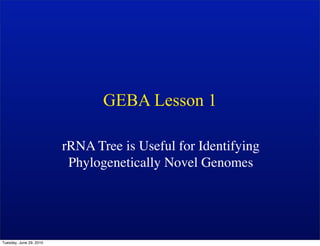 GEBA Lesson 1

                         rRNA Tree is Useful for Identifying
                          Phylogenetically Novel Genomes




Tuesday, June 29, 2010
 