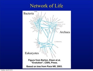 Network of Life
                         Bacteria




                                                           Archaea




                          Eukaryotes

                            Figure from Barton, Eisen et al.
                               “Evolution”, CSHL Press.
                           Based on tree from Pace NR, 2003.
Tuesday, June 29, 2010
 