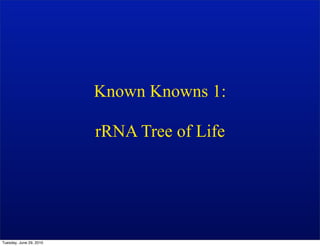 Known Knowns 1:

                         rRNA Tree of Life




Tuesday, June 29, 2010
 
